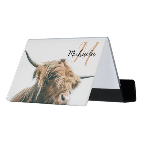 Highland cow portrait custom name initial monogram desk business card holder