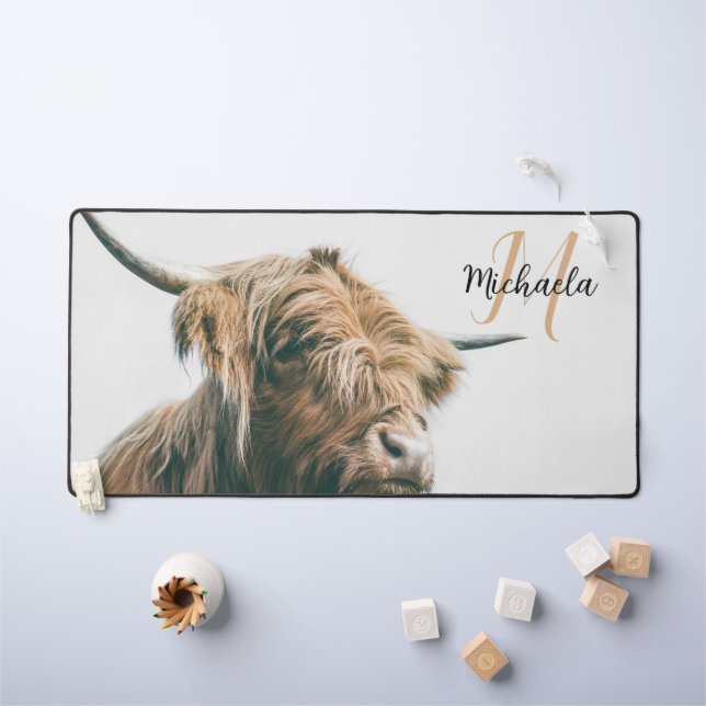 Highland cow portrait custom name initial monogram desk mat (Kids Table)