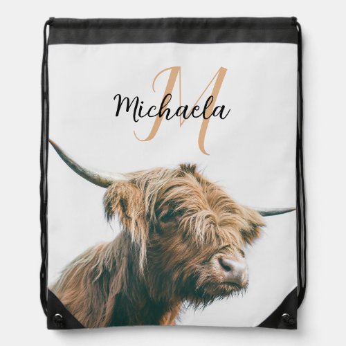 Highland cow portrait custom name initial monogram drawstring bag