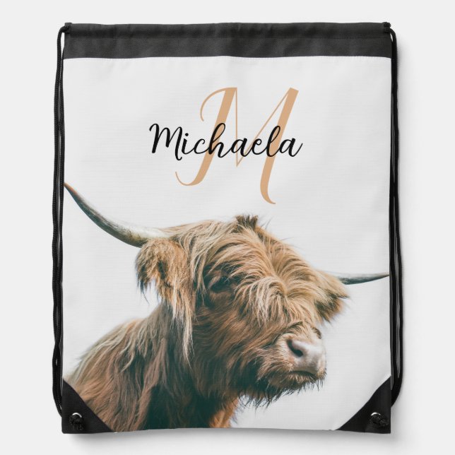 Highland cow portrait custom name initial monogram drawstring bag (Front)