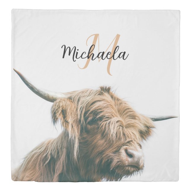 Highland cow portrait custom name initial monogram duvet cover (Front)