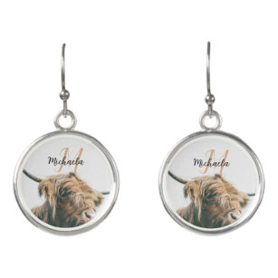 Highland cow portrait custom name initial monogram earrings