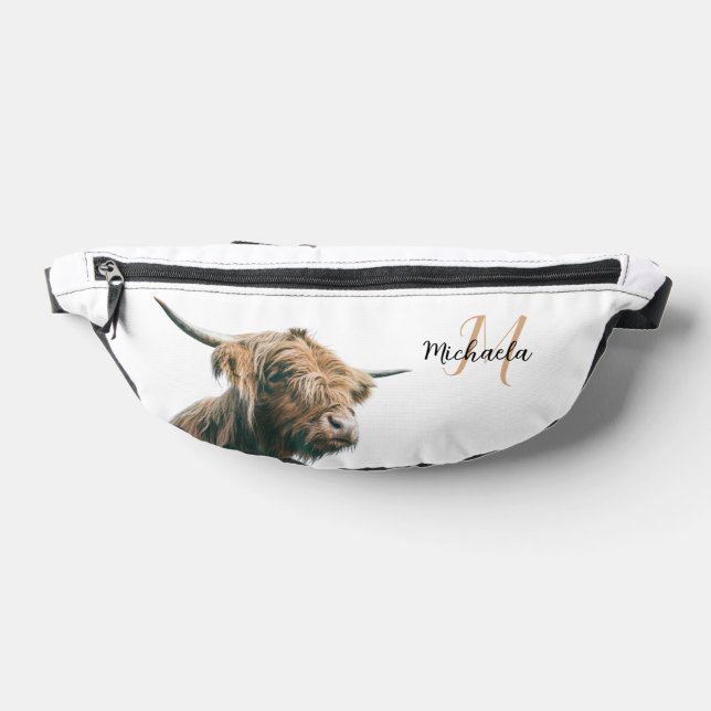 Highland cow portrait custom name initial monogram fanny pack (Lay Down)