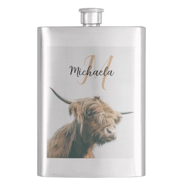 Highland cow portrait custom name initial monogram flask (Front)