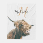 Highland cow portrait custom name initial monogram fleece blanket