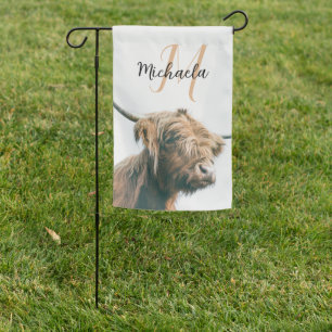 Highland cow portrait custom name initial monogram garden flag