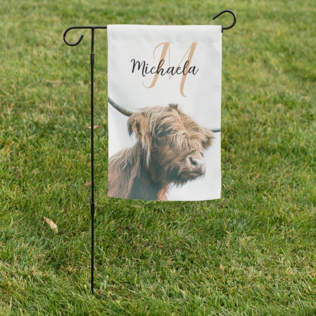Highland cow portrait custom name initial monogram garden flag (In SItu)