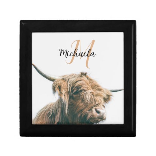 Highland cow portrait custom name initial monogram gift box