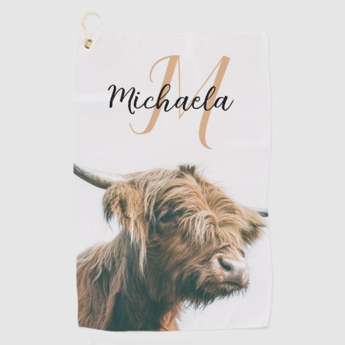 Highland cow portrait custom name initial monogram golf towel