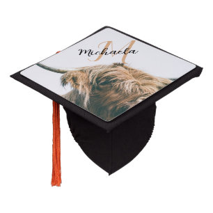 Highland cow portrait custom name initial monogram graduation cap topper