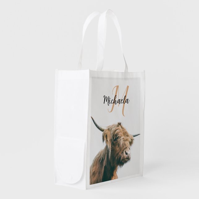 Highland cow portrait custom name initial monogram grocery bag (Front Side)