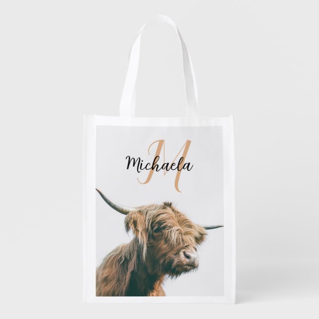 Highland cow portrait custom name initial monogram grocery bag (Front)