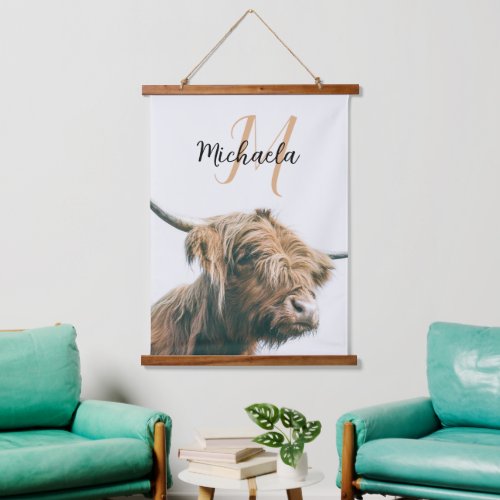 Highland cow portrait custom name initial monogram hanging tapestry