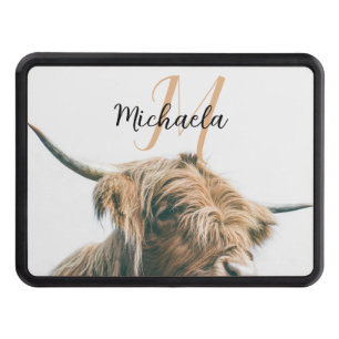 Highland cow portrait custom name initial monogram hitch cover