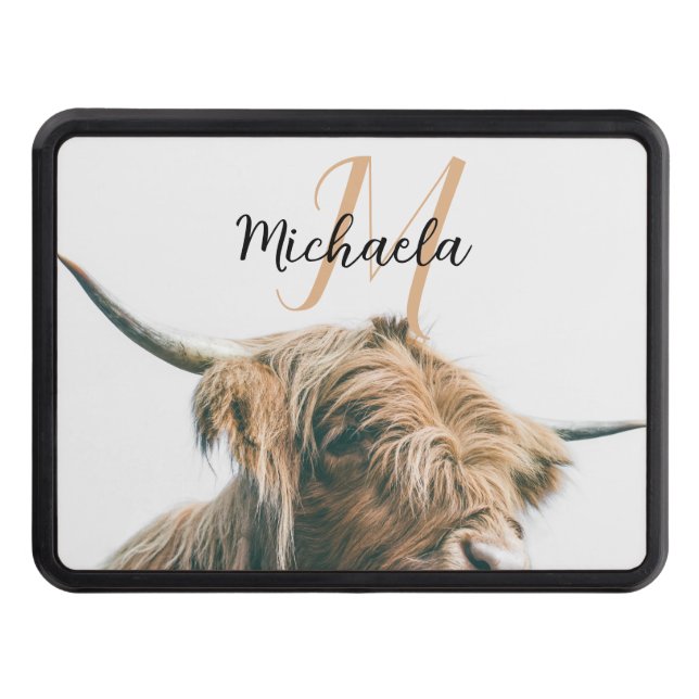 Highland cow portrait custom name initial monogram hitch cover (Front)
