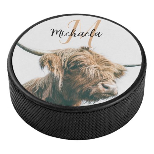 Highland cow portrait custom name initial monogram hockey puck