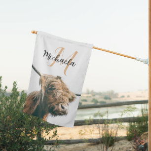 Highland cow portrait custom name initial monogram house flag