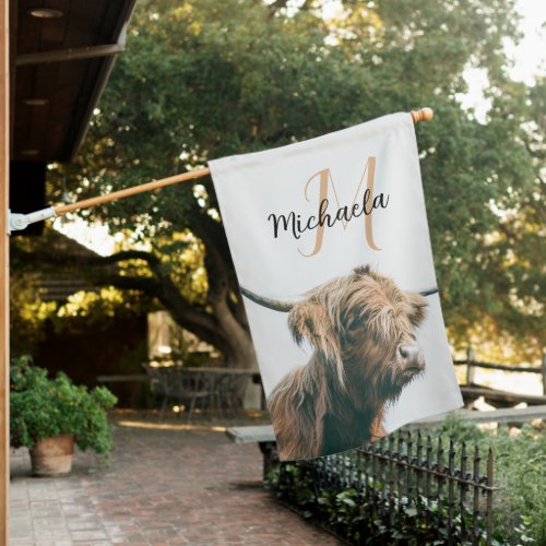 Highland cow portrait custom name initial monogram house flag