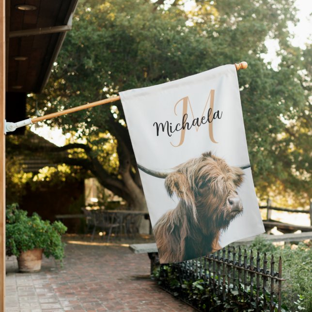 Highland cow portrait custom name initial monogram house flag (In SItu)