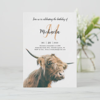 Highland cow portrait custom name initial monogram invitation