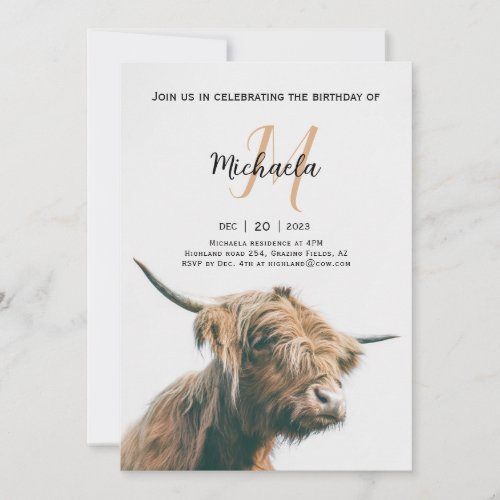 Highland cow portrait custom name initial monogram invitation