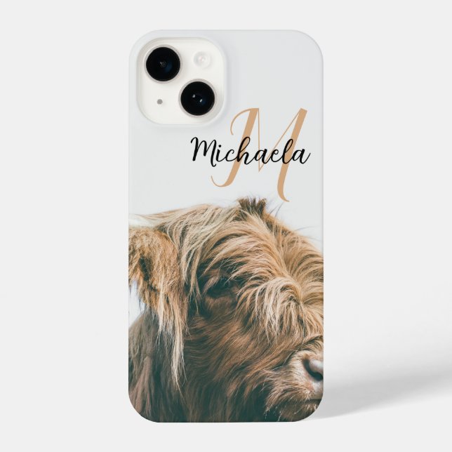 Highland cow portrait custom name initial monogram iPhone case (Back)