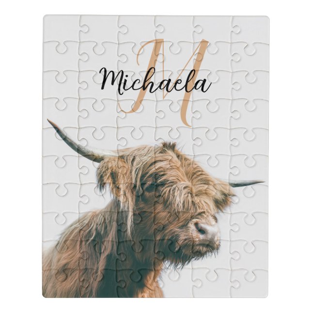 Highland cow portrait custom name initial monogram jigsaw puzzle (Puzzle Vertical)