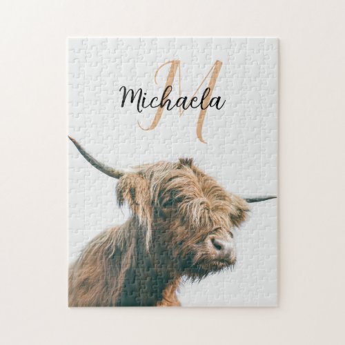 Highland cow portrait custom name initial monogram jigsaw puzzle