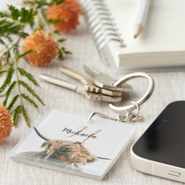 Highland cow portrait custom name initial monogram keychain (Front Right)