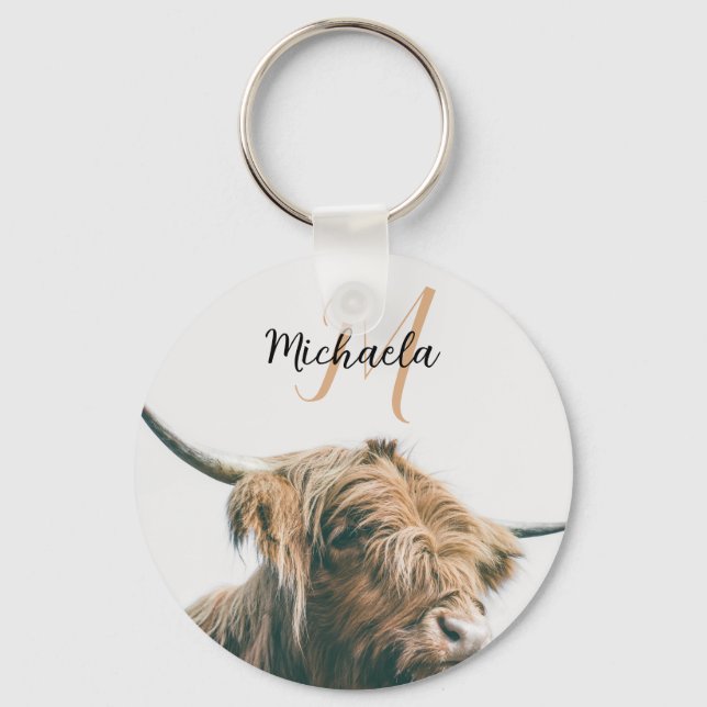 Highland cow portrait custom name initial monogram keychain (Front)