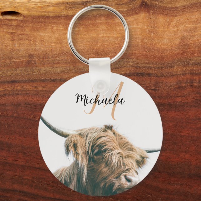 Highland cow portrait custom name initial monogram keychain (Front)