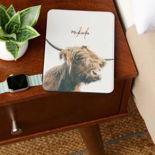 Highland cow portrait custom name initial monogram kindle cover