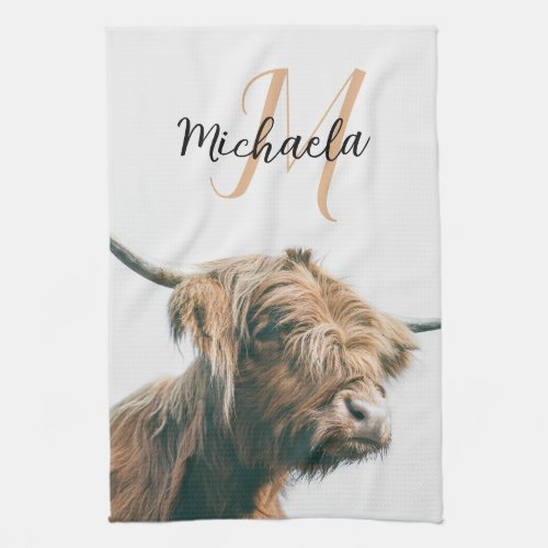 Highland cow portrait custom name initial monogram kitchen towel