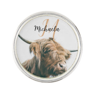Highland cow portrait custom name initial monogram lapel pin