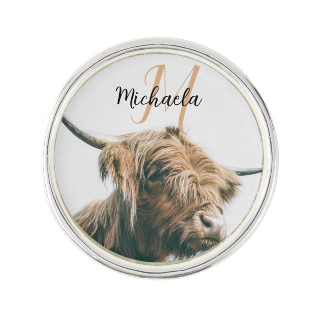 Highland cow portrait custom name initial monogram lapel pin (Front)