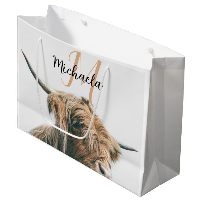 Highland cow portrait custom name initial monogram large gift bag (Front Angled)