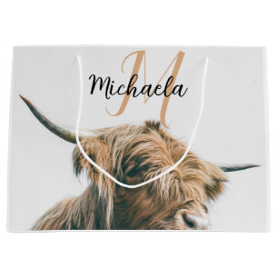 Highland cow portrait custom name initial monogram large gift bag