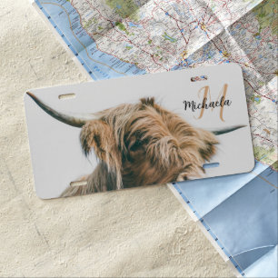 Highland cow portrait custom name initial monogram license plate