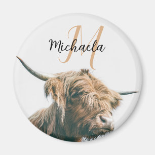 Highland cow portrait custom name initial monogram magnet