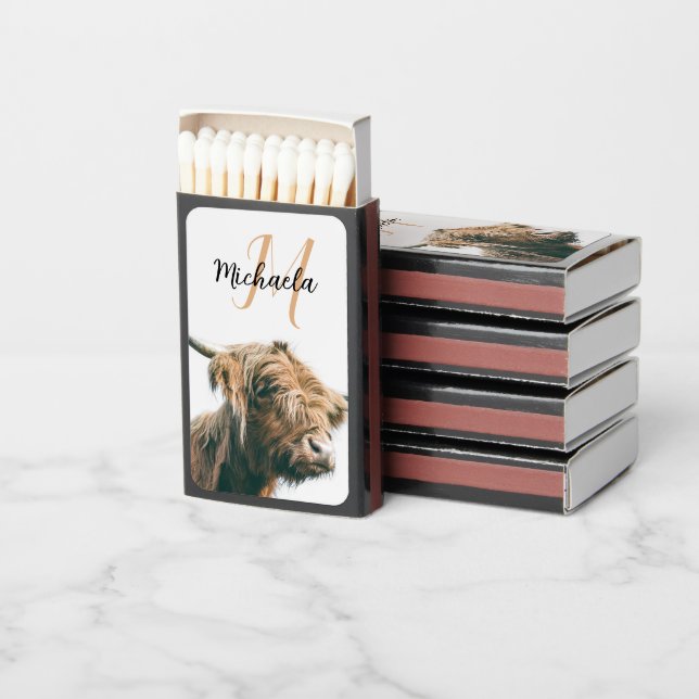 Highland cow portrait custom name initial monogram matchboxes (Stacked)