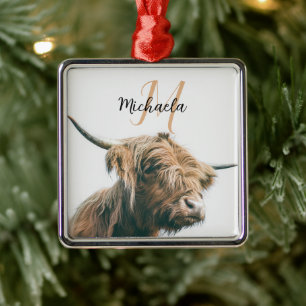 Highland cow portrait custom name initial monogram metal ornament