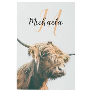 Highland cow portrait custom name initial monogram metal print