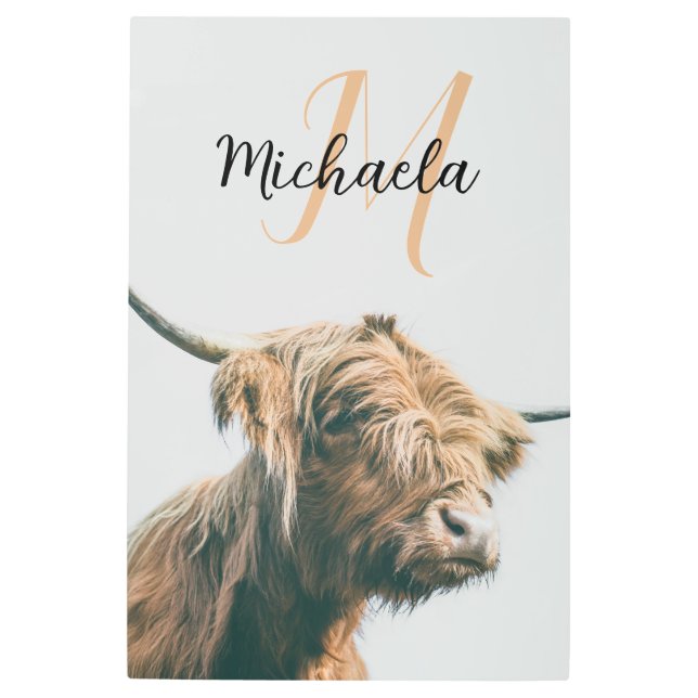 Highland cow portrait custom name initial monogram metal print (Front)