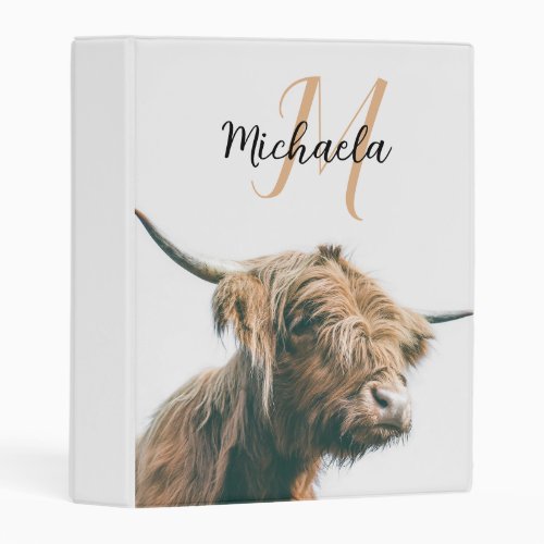 Highland cow portrait custom name initial monogram mini binder