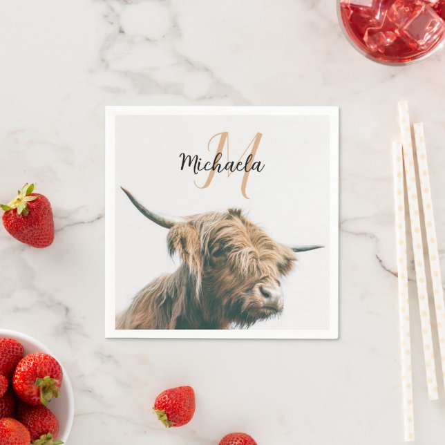 Highland cow portrait custom name initial monogram napkins (Insitu)