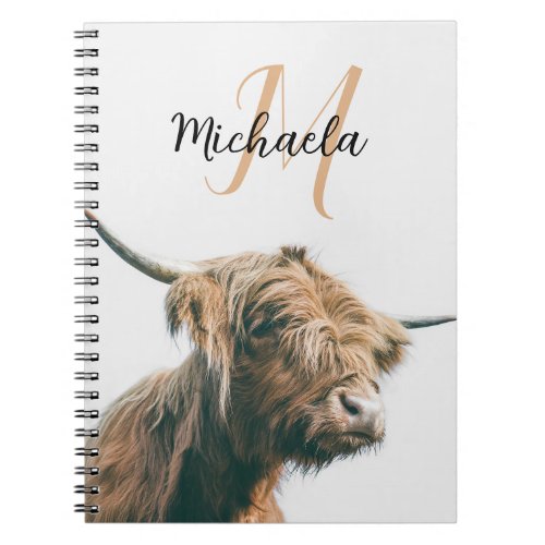 Highland cow portrait custom name initial monogram notebook