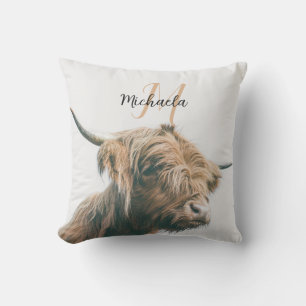 Highland cow portrait custom name initial monogram outdoor pillow