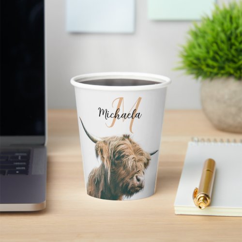 Highland cow portrait custom name initial monogram paper cups