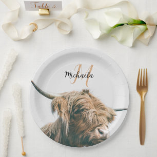 Highland cow portrait custom name initial monogram paper plates