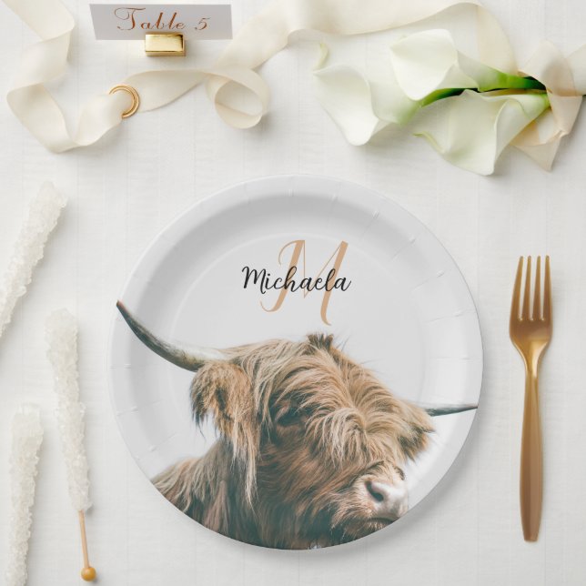 Highland cow portrait custom name initial monogram paper plates (Wedding)